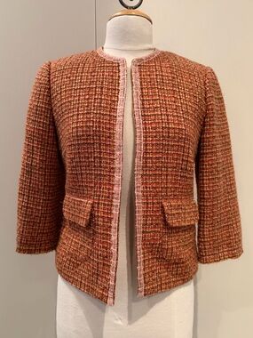 DKNY Pink-Trim Tweed Collarless Blazer